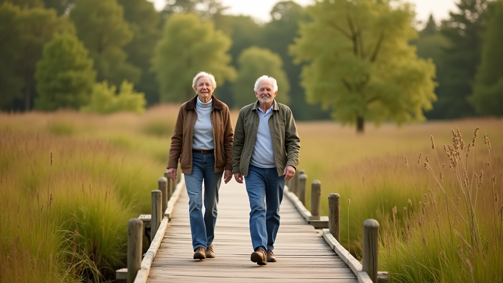 Pensionāri pastaigā pa purvu laipām Ķemeruos, smaidošu un priecīgā noskaņā, dabisku zaļo vidē